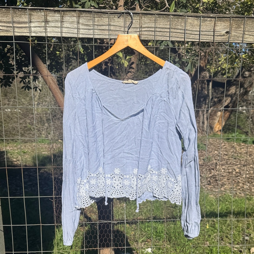 Hollister Light Blue Blouse with White Lace Trim